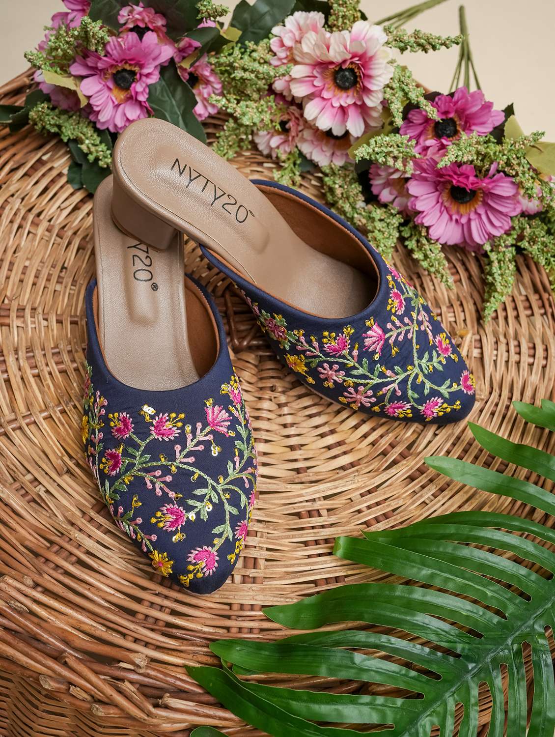 women embroidered slip on mules