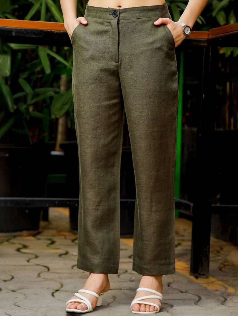women solid mid rise straight trouser