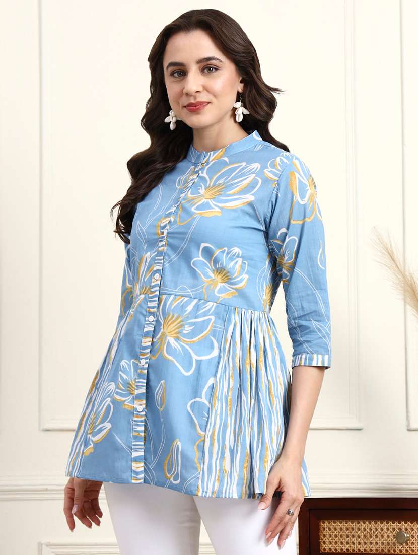 women printed three quarter sleeves a-line kurti