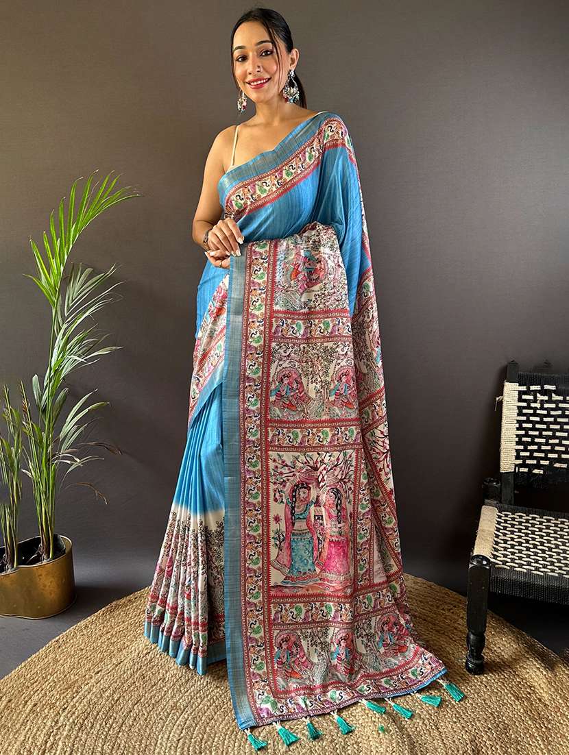 women madhubani printed saree with blouse