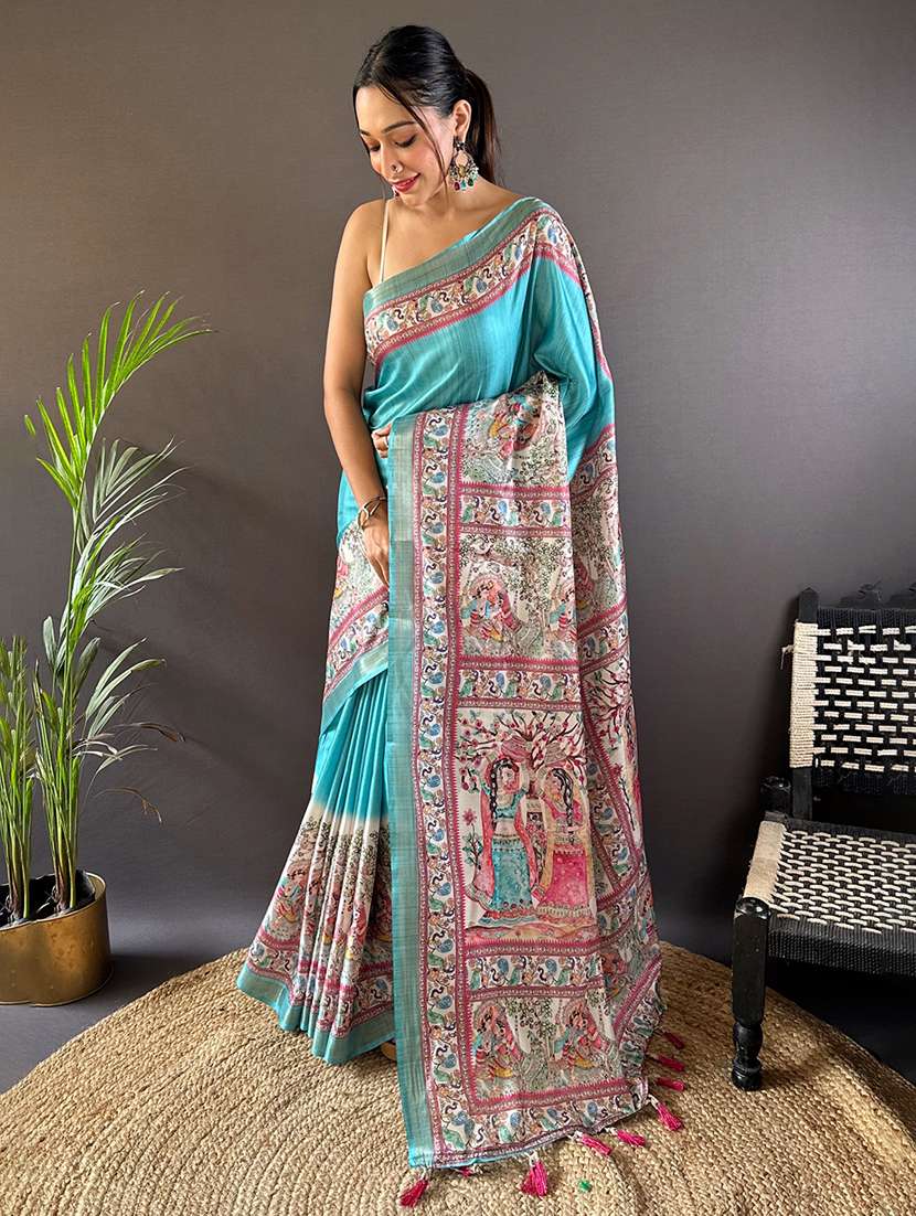 women madhubani printed saree with blouse