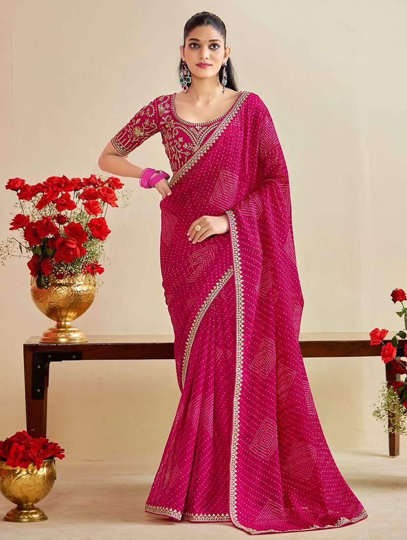 women bandhani printed saree with blouse
