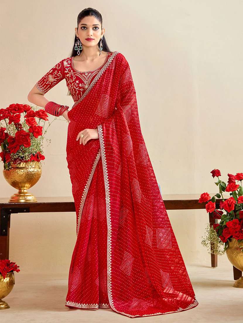 women bandhani printed saree with blouse