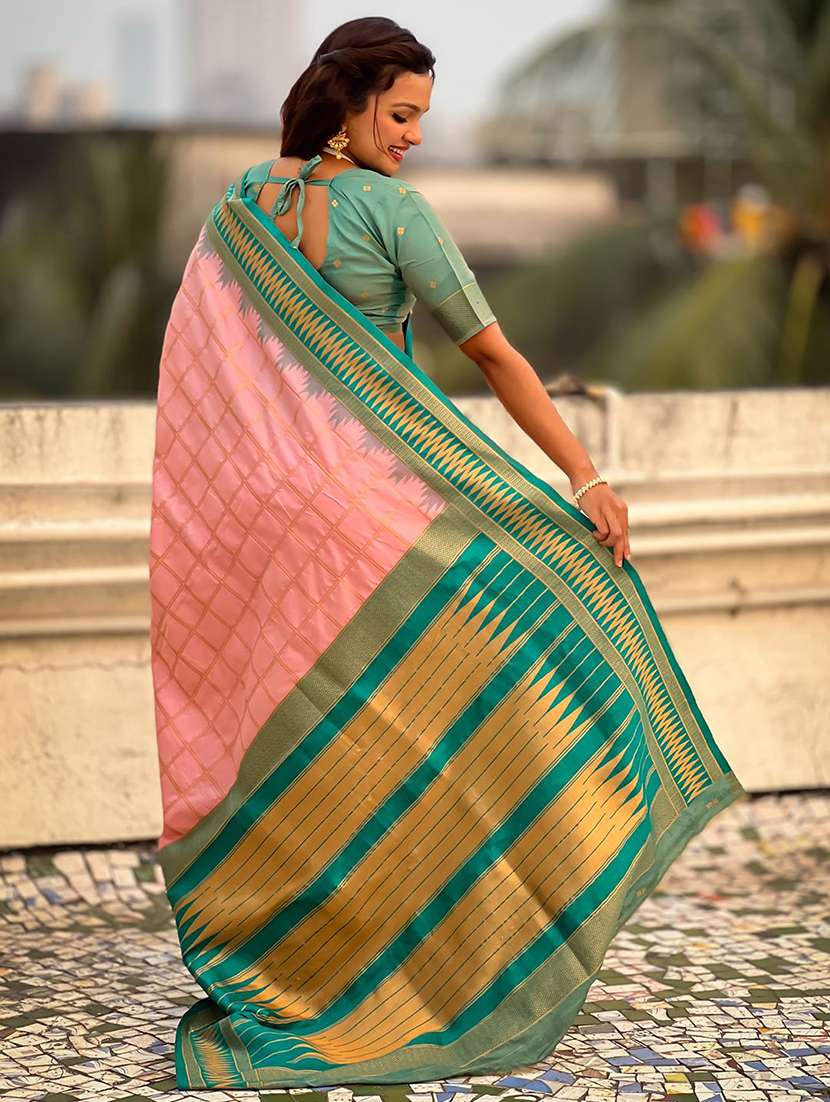 women checkered bordered saree with blouse - 22571699 -  Standard Image - 3