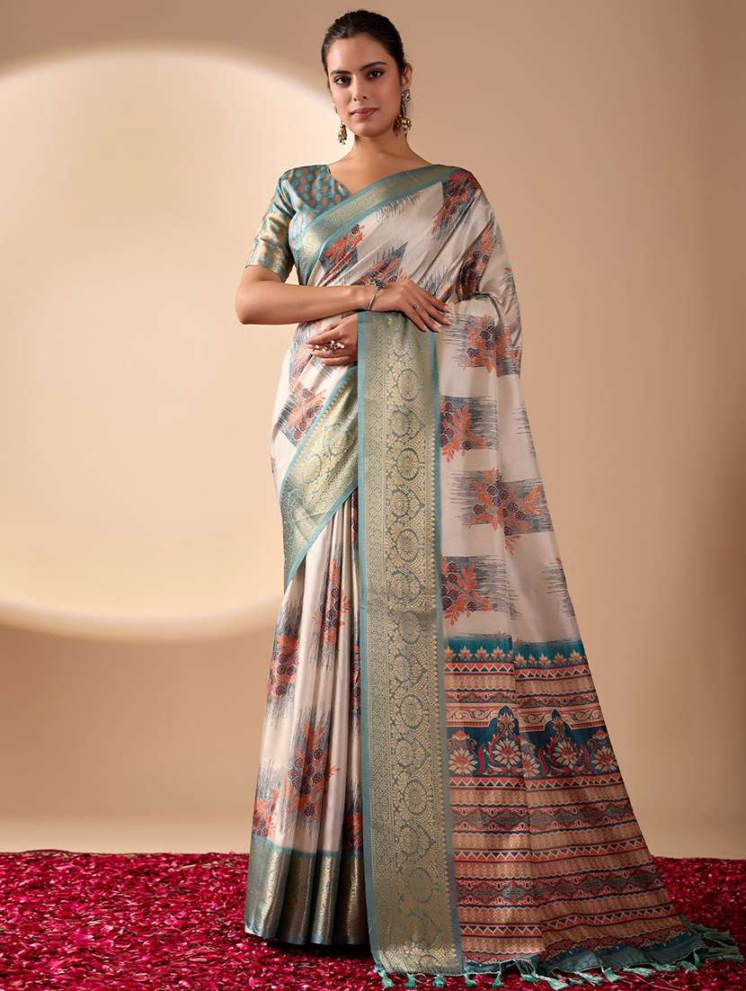 women printed bordered saree with blouse