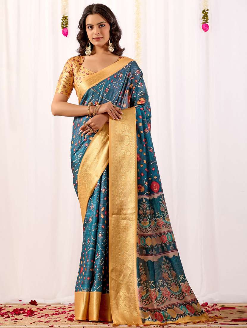 women printed bordered saree with blouse