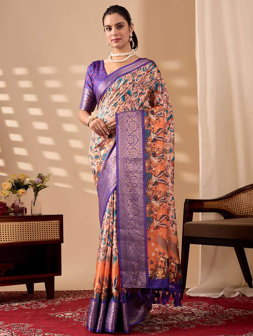 women printed bordered saree with blouse