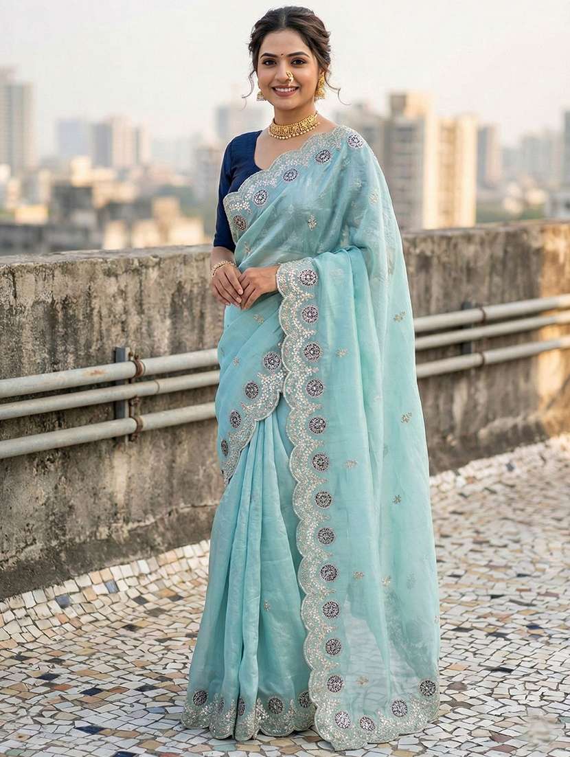 women solid with work embroidered saree with blouse