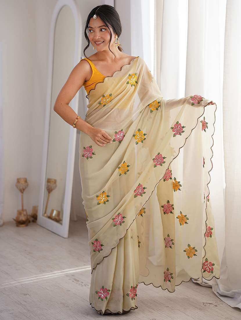 women solid with work embroidered saree with blouse
