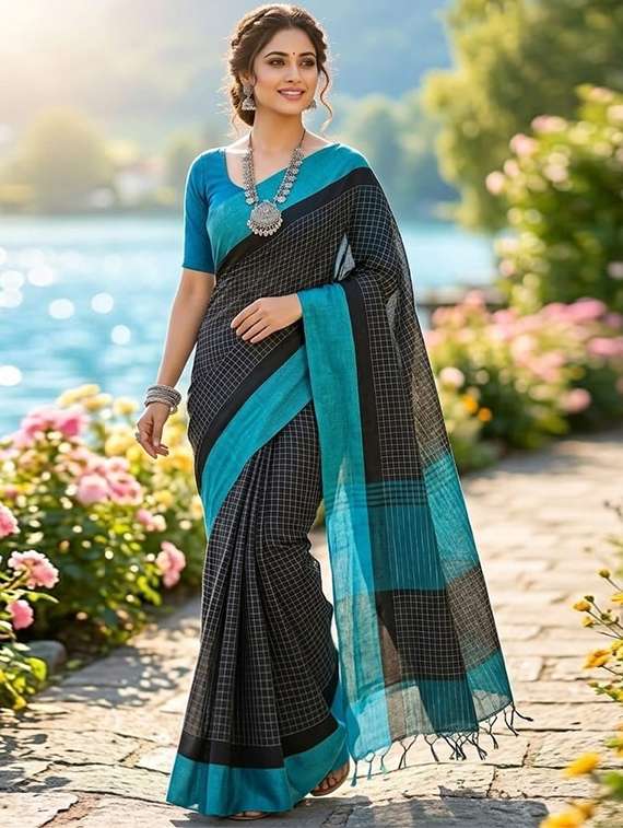 women checkered handloom saree with blouse