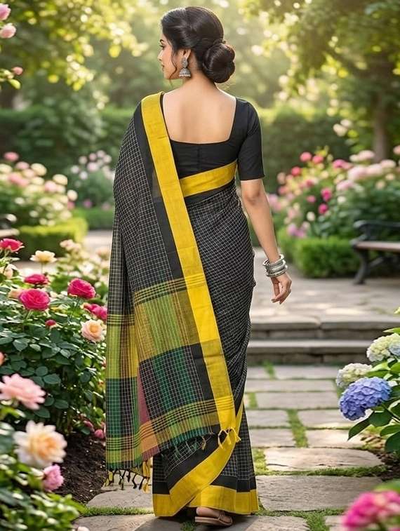 women checkered handloom saree with blouse - 22572077 -  Standard Image - 3