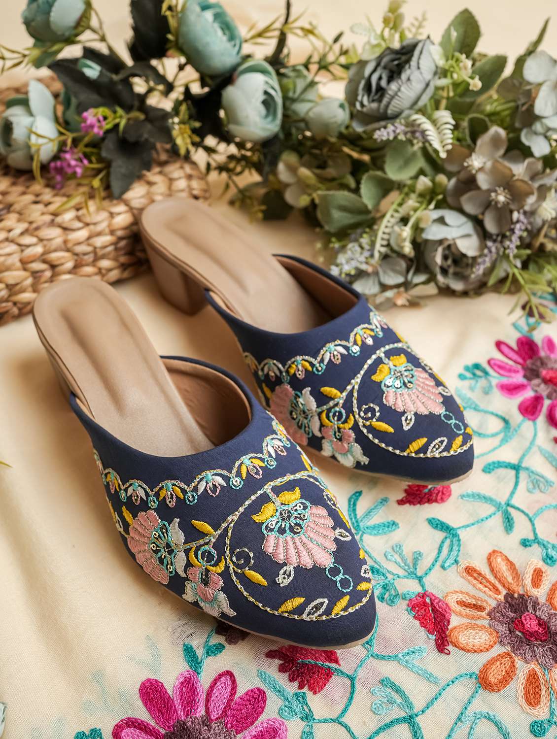 women embroidered slip on mules