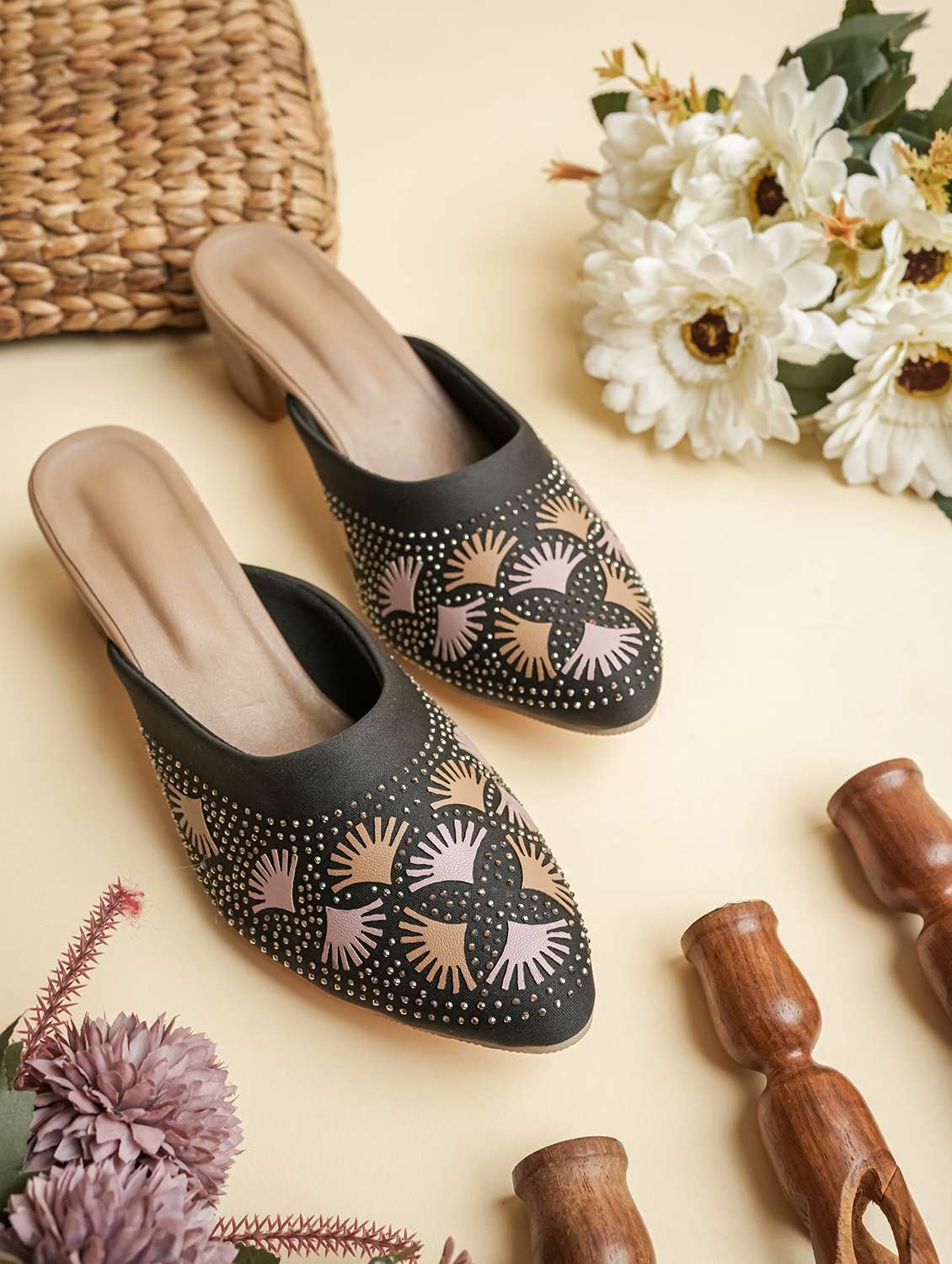 women embellished slip on mules