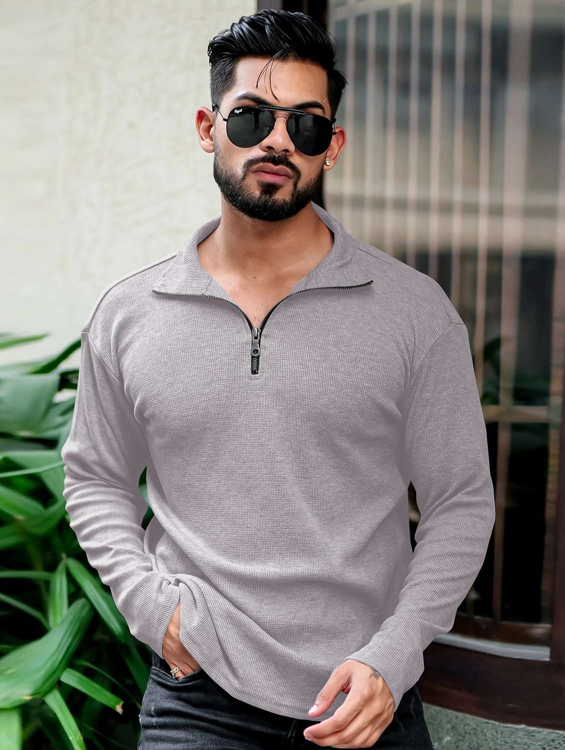 men textured long sleeves polo t-shirt
