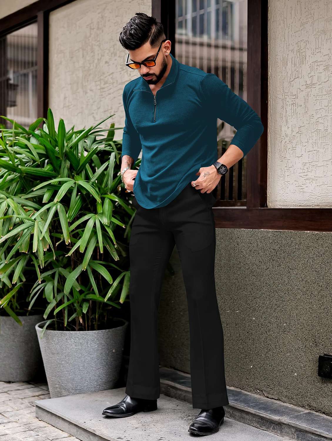 men textured long sleeves polo t-shirt - 22572182 -  Standard Image - 5