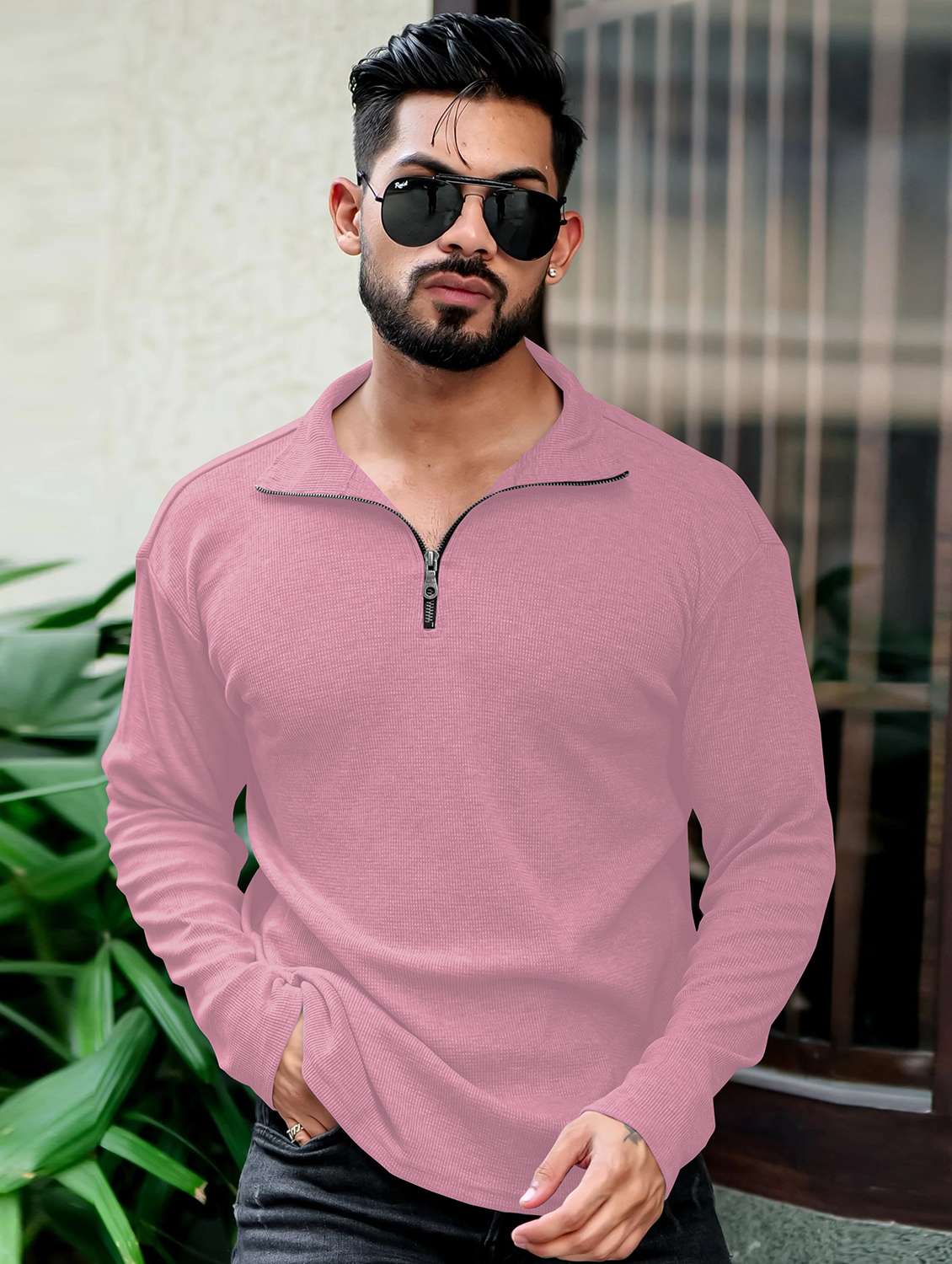 men textured long sleeves polo t-shirt