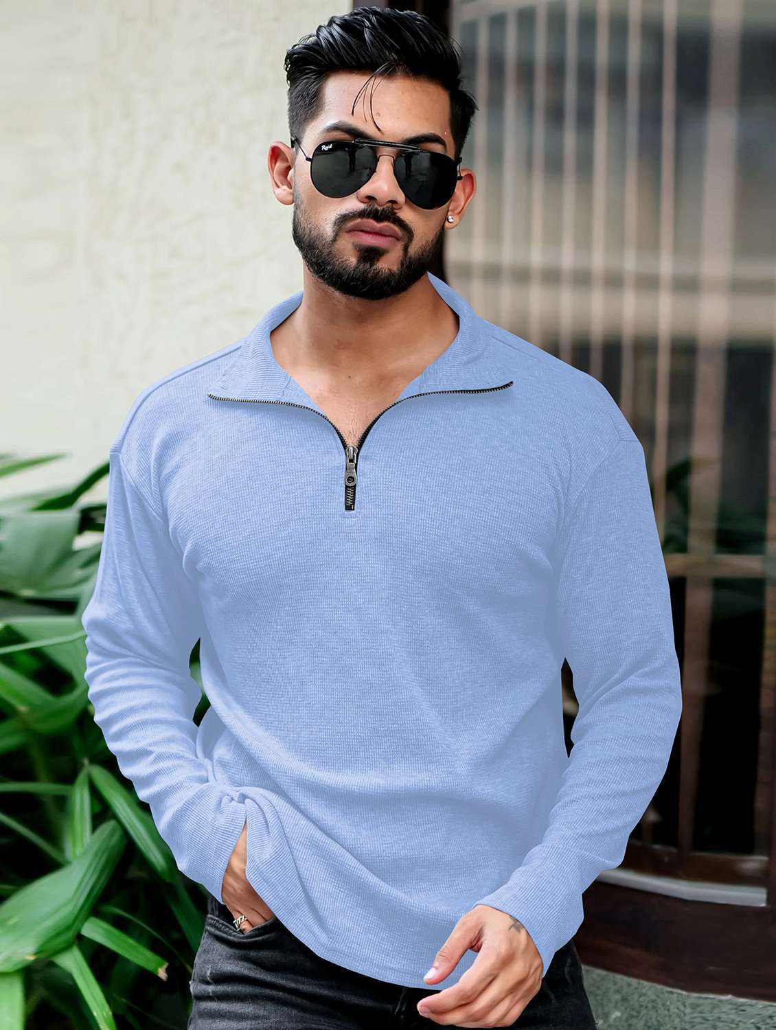 men textured long sleeves polo t-shirt