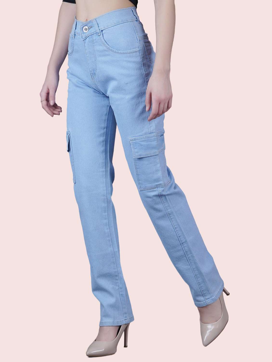 women solid high rise cargo jeans