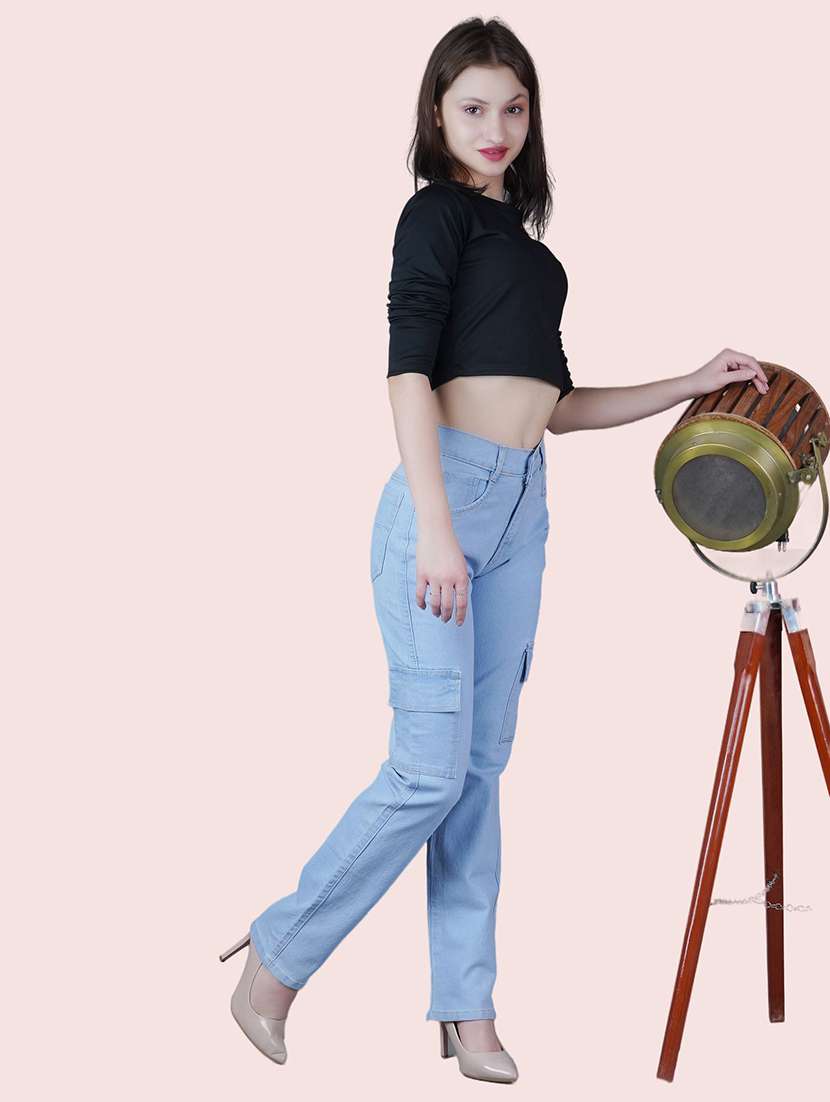 women solid high rise cargo jeans - 22572952 -  Standard Image - 3