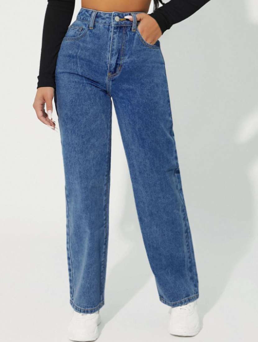 women washed high rise straight jeans