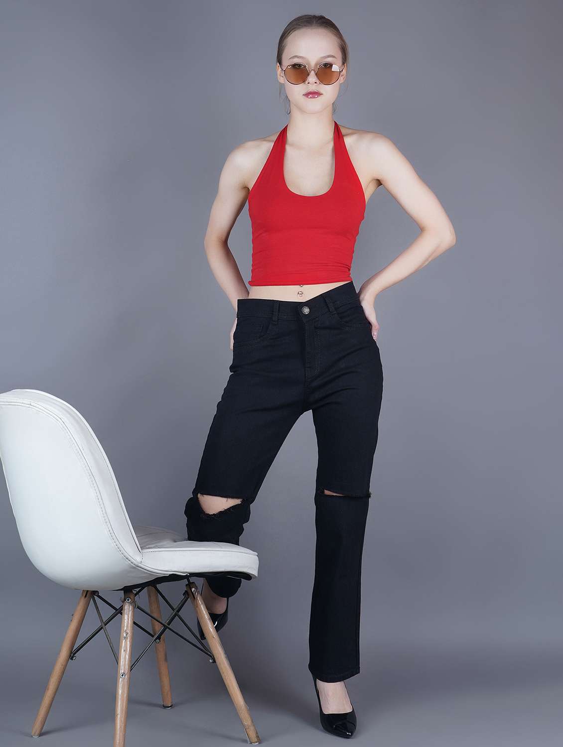 women slashed knee mid rise straight jeans - 22573043 -  Standard Image - 3