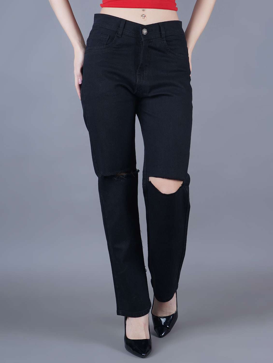 women slashed knee mid rise straight jeans