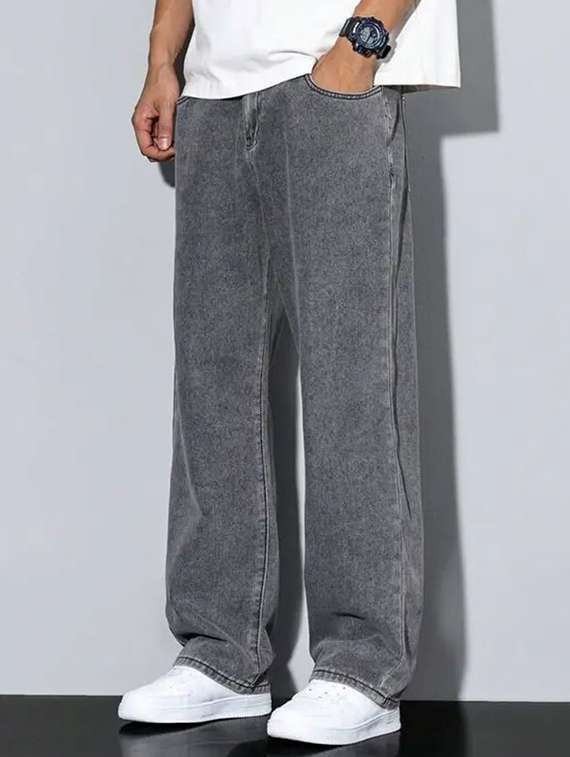 men washed mid rise straight jeans