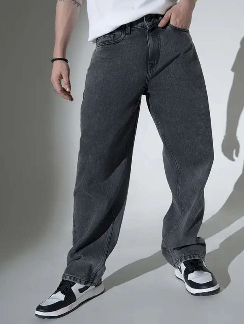 men washed mid rise baggy jeans