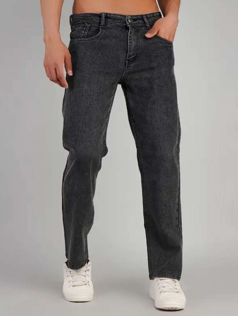 men washed mid rise straight jeans