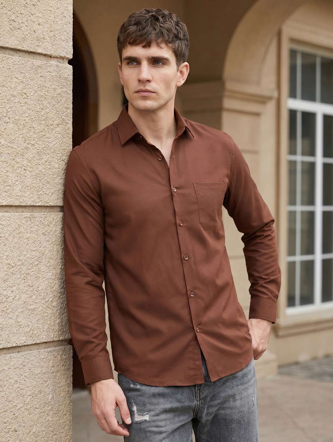 men solid long sleeves casual shirt