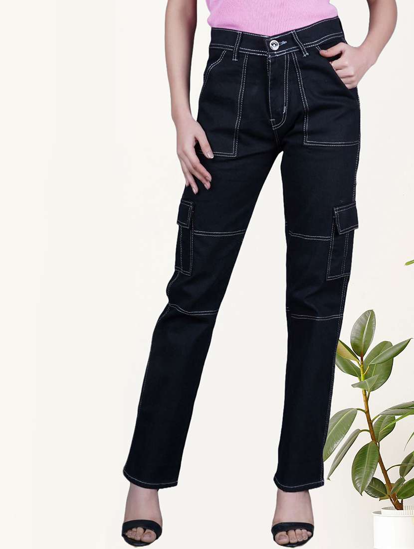women solid mid rise cargo jeans