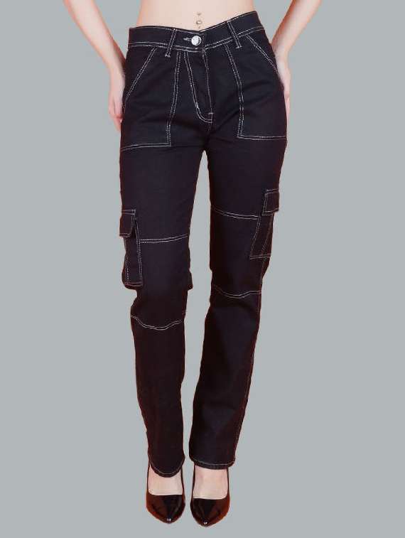 women solid mid rise regular fit cargo jeans