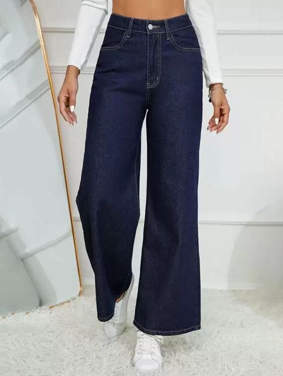 women solid high rise wide leg jeans