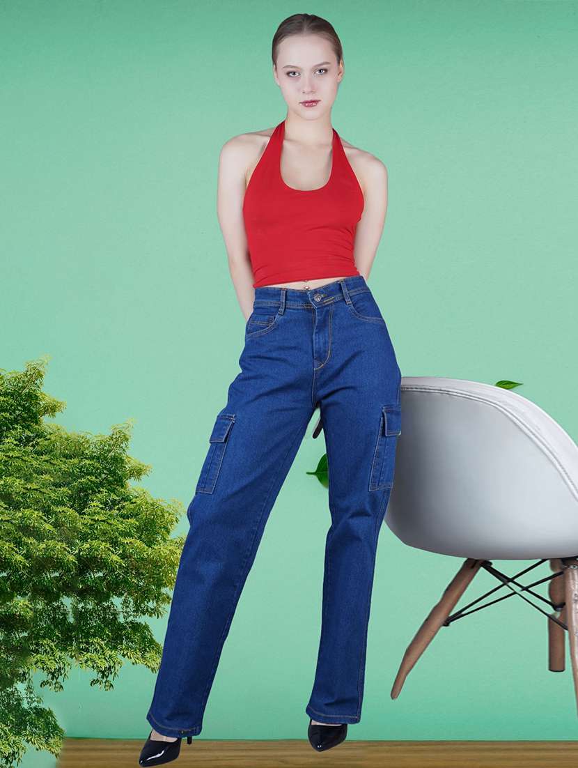 Women Solid Mid Rise Regular Fit Cargo Jeans - 22575201 -  Standard Image - 3