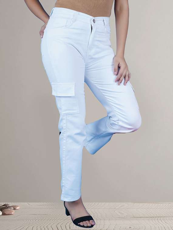 women solid mid rise slim fit cargo jeans