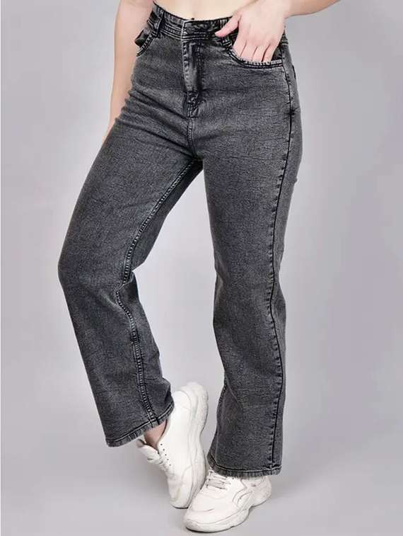women washed mid rise straight jeans