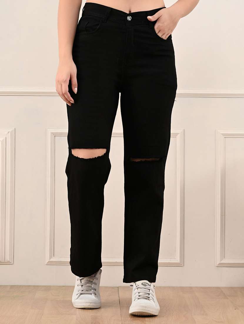 women slashed knee mid rise straight jeans