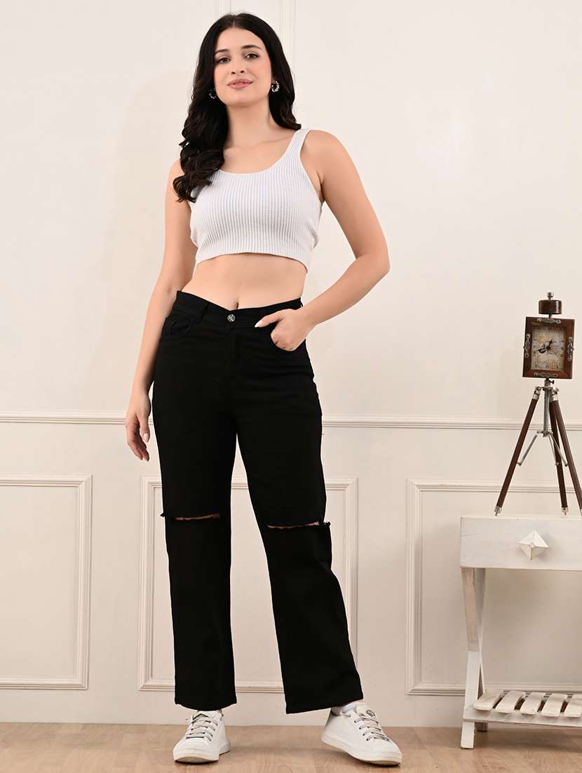 women slashed knee mid rise straight jeans - 22575406 -  Standard Image - 3