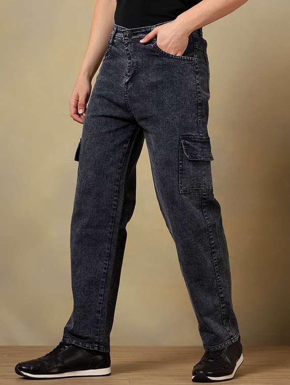 men washed mid rise cargo jeans