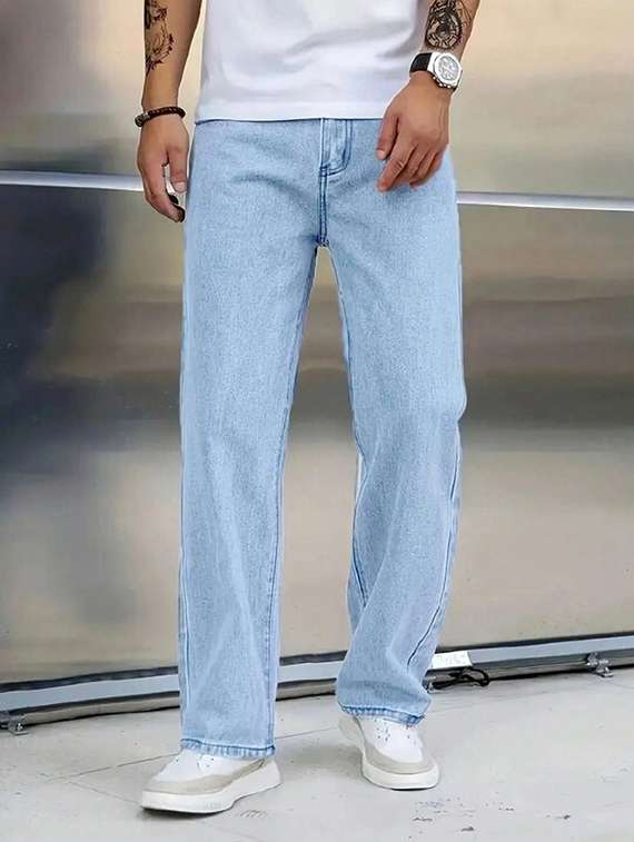 men washed mid rise straight jeans