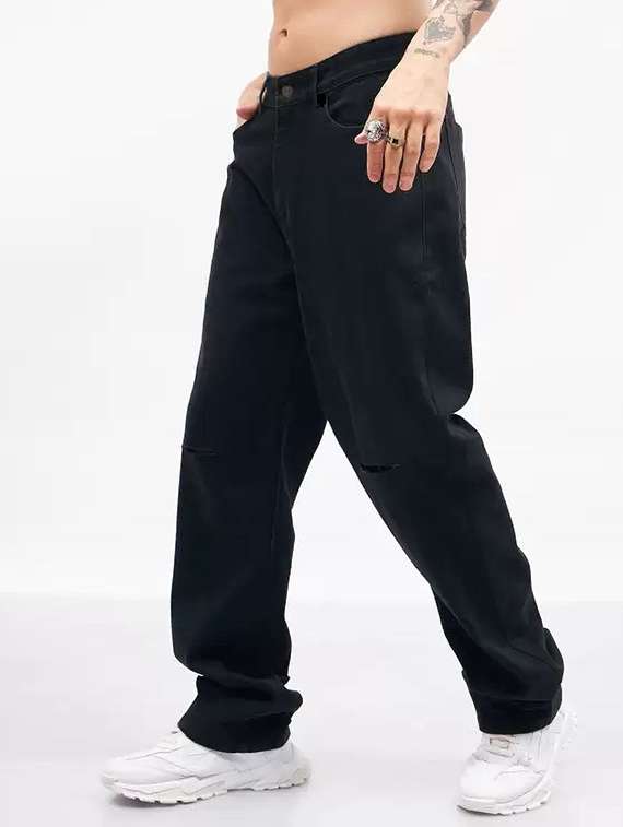 men slashed knee mid rise baggy jeans