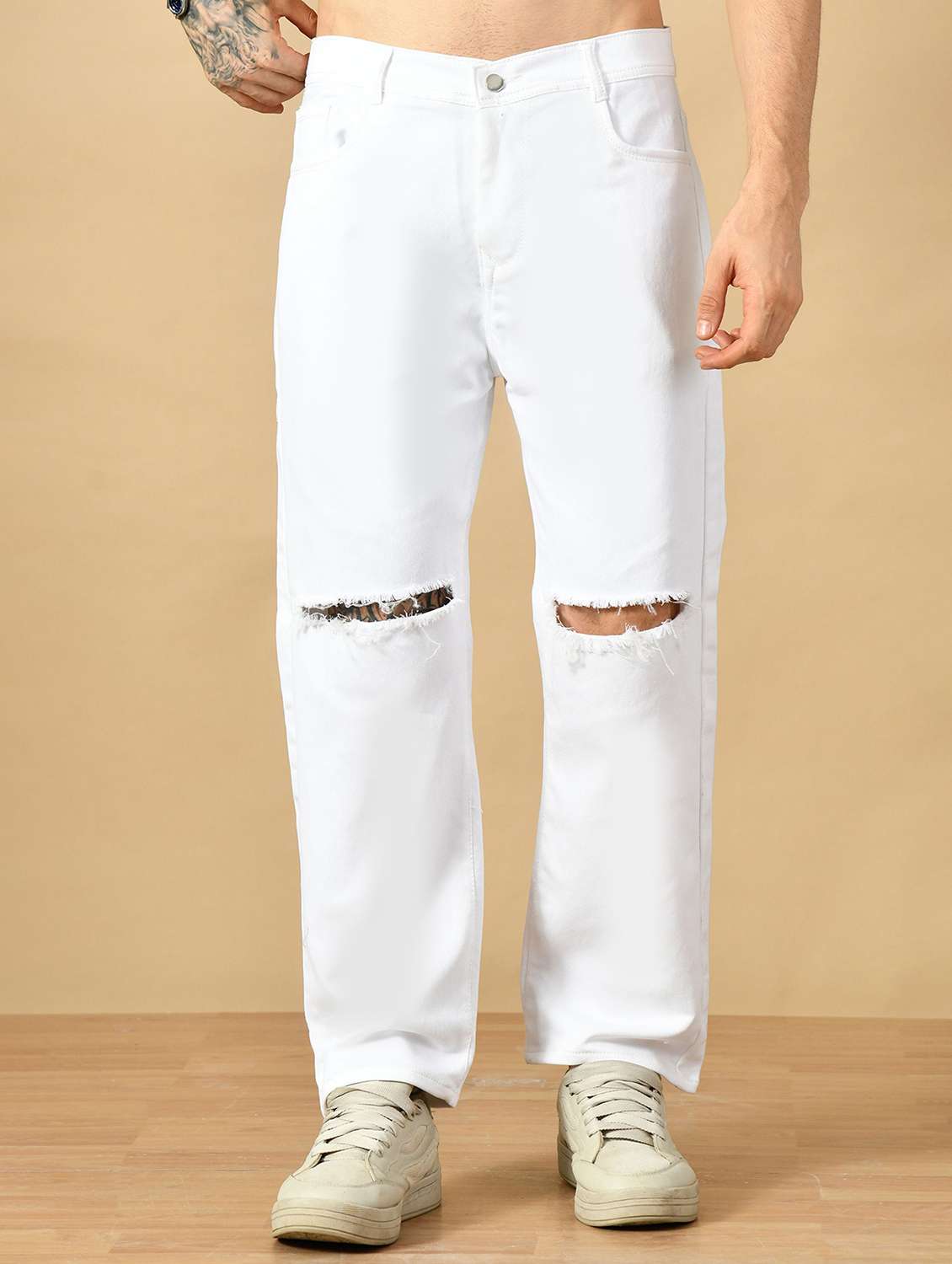 men slashed knee mid rise straight jeans