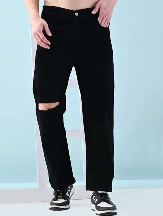 men slashed knee mid rise straight jeans