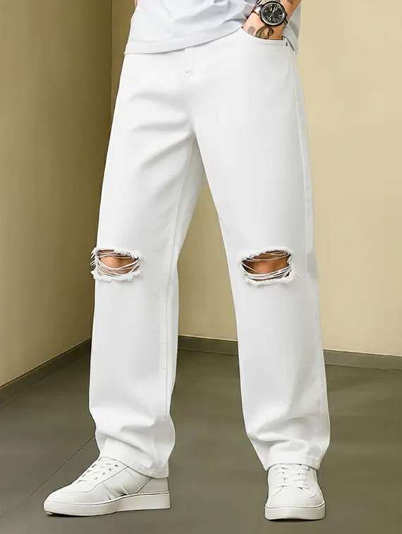 men solid mid rise slashed knee straight jeans