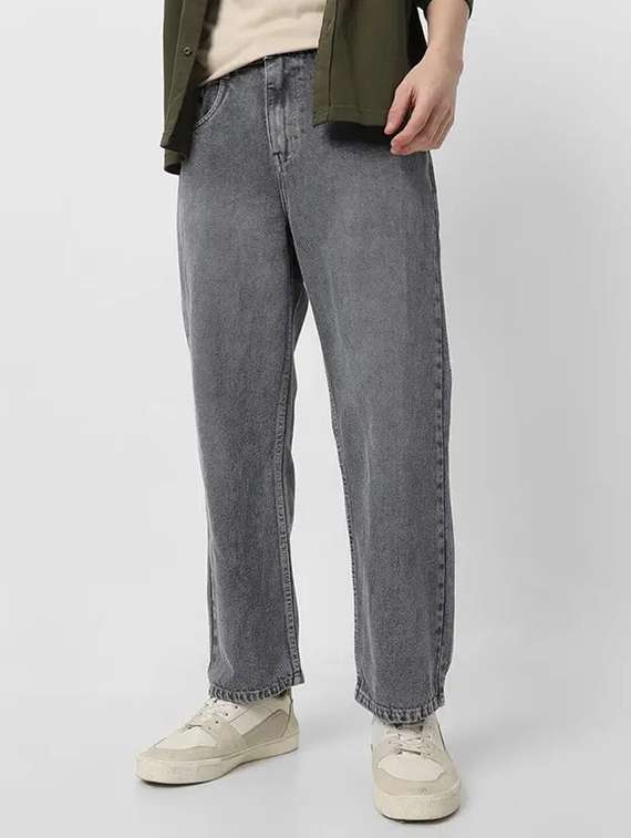 men washed mid rise straight jeans