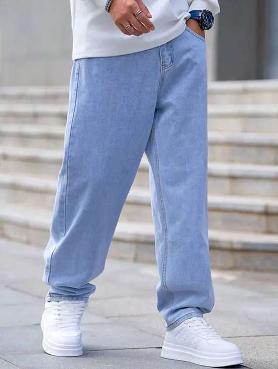 men washed mid rise baggy jeans