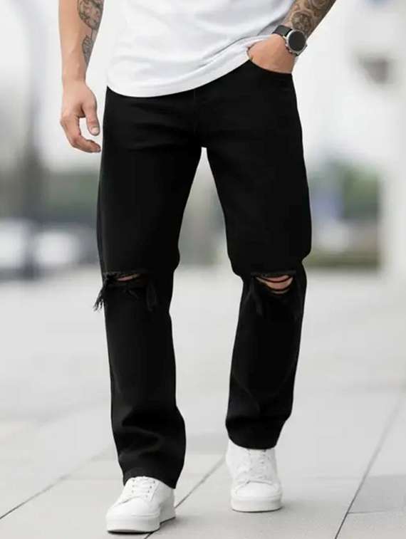 men slashed knee mid rise straight jeans