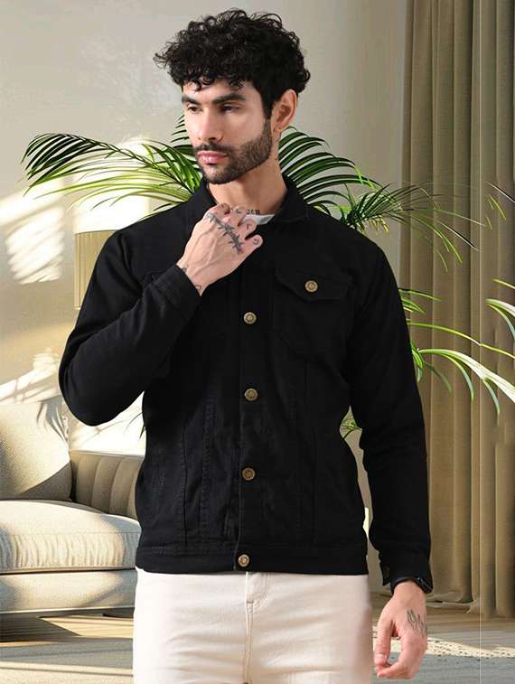 men solid long sleeves regular fit denim jacket