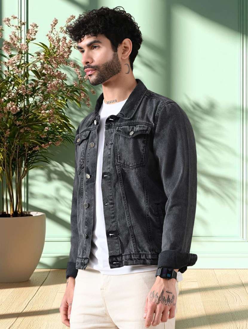 men washed long sleeves regular fit denim jacket