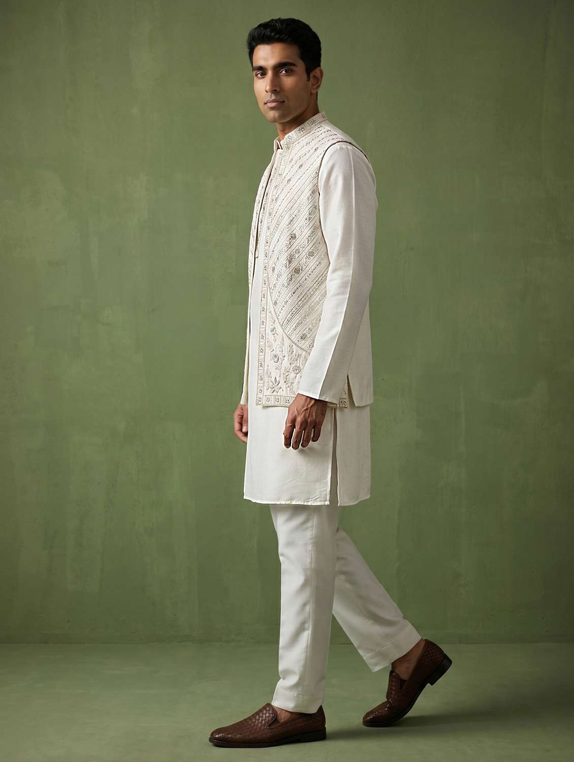 Men Embroidered Long Sleeves Kurta Pyjama Set With Jacket - 22576296 -  Standard Image - 5